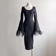 flared sleeve black dress, view 3 - MRSLM
