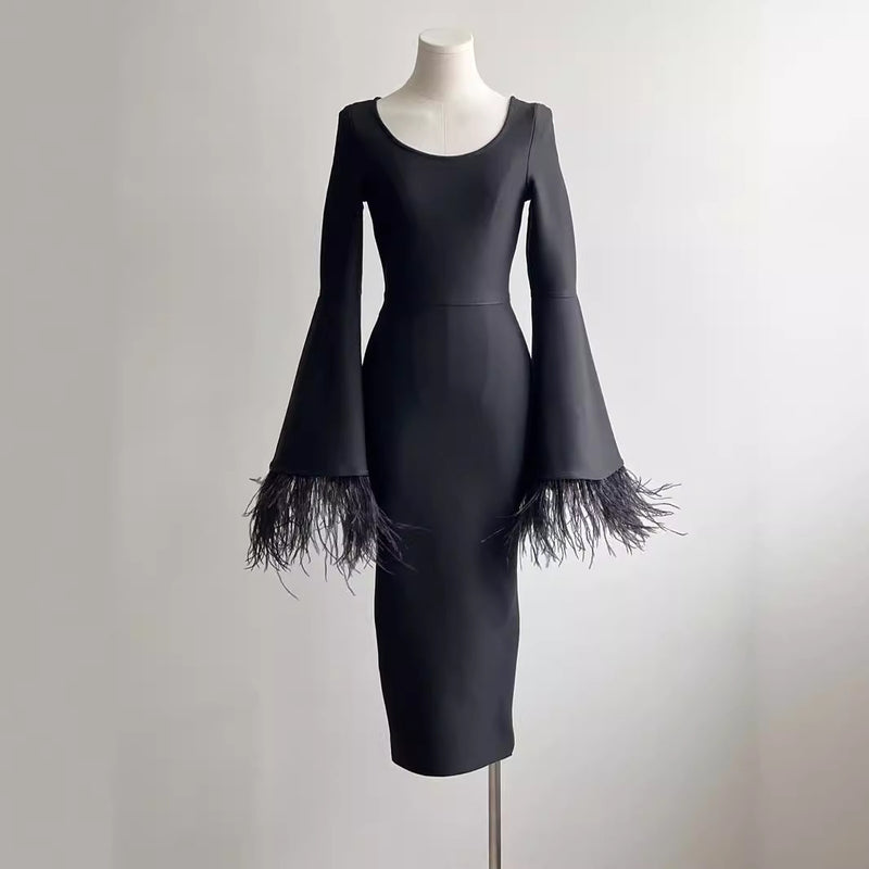 flared sleeve black dress, view 3 - MRSLM