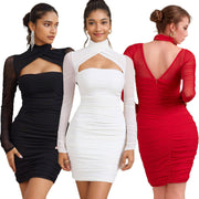 long sleeve v-neck mesh hip skirt, view 2 - MRSLM