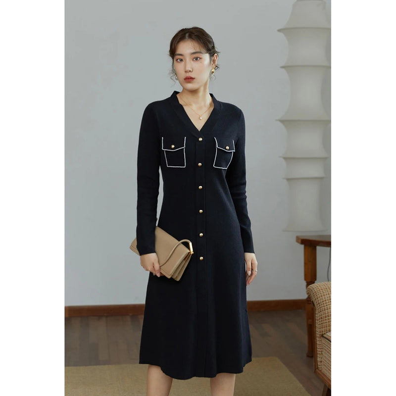 black v-neck knitted a-line dress, view 3 - MRSLM