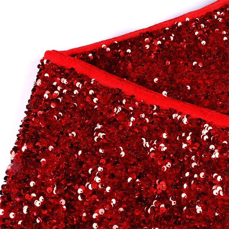 Red sequin Christmas tree skirt, view 3 - MRSLM