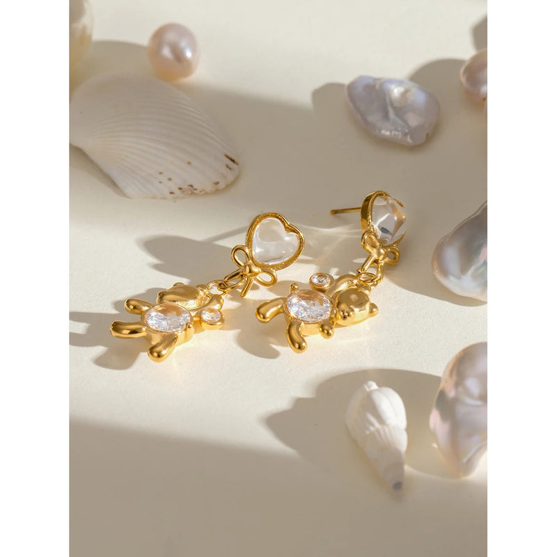 Gold plated panda earrings with cat's eye stone, view 5 - MRSLM