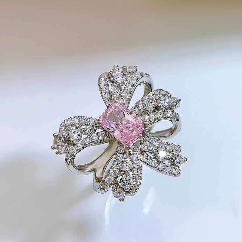 pink bow simulated diamond silver ring, view 9 - MRSLM