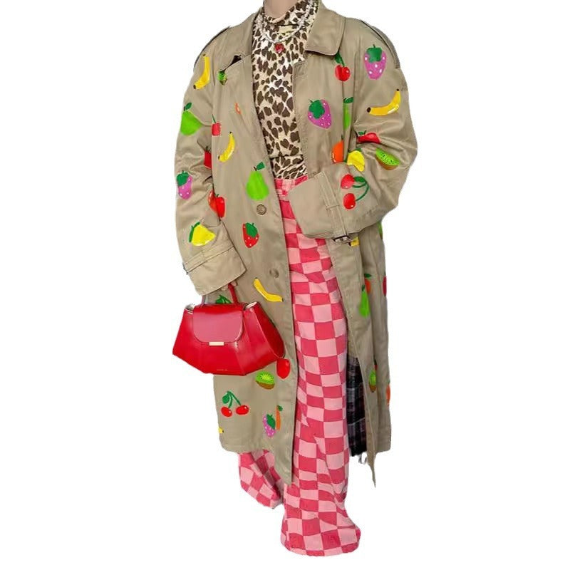 khaki fruit printed lapel coat, view 5 - MRSLM