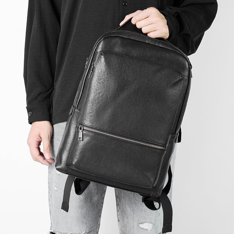 Men's solid black leather backpack - MRSLM