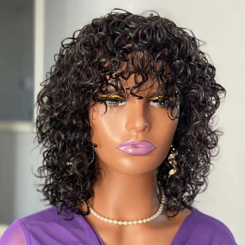 water wave human hair wig with bangs, view 5 - MRSLM