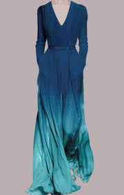 long sleeve v-neck gradient green dress with belt, view 10 - MRSLM