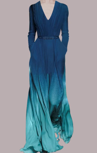 long sleeve v-neck gradient green dress with belt, view 10 - MRSLM