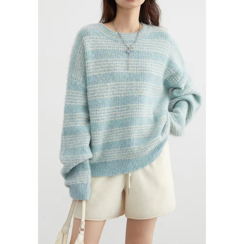 women's loose striped round neck sweater, view 2 - MRSLM