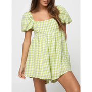 plaid puff sleeve jumpsuit dress, view 3 - MRSLM