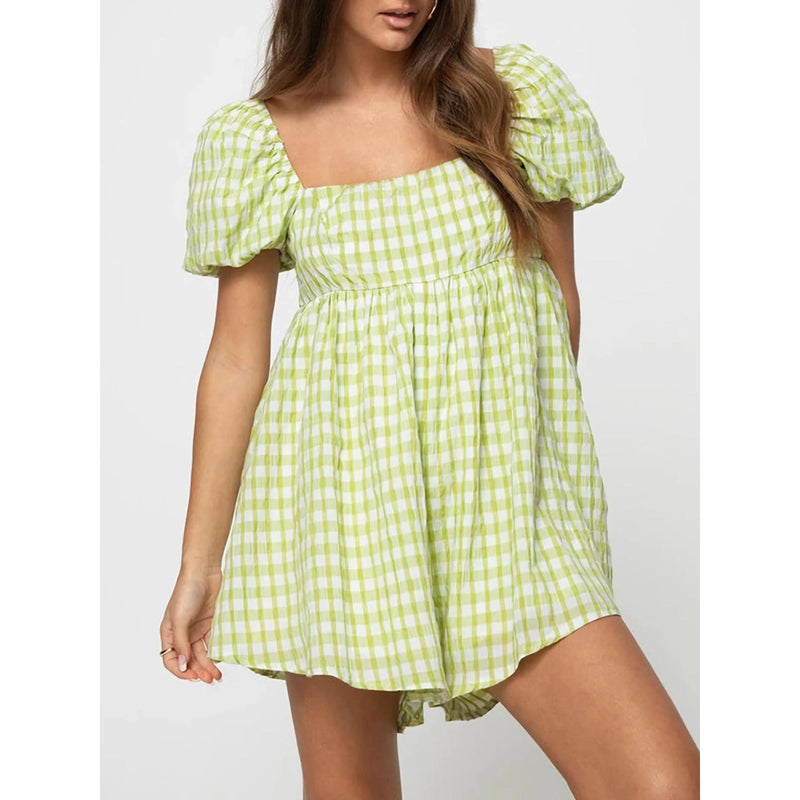 plaid puff sleeve jumpsuit dress, view 3 - MRSLM
