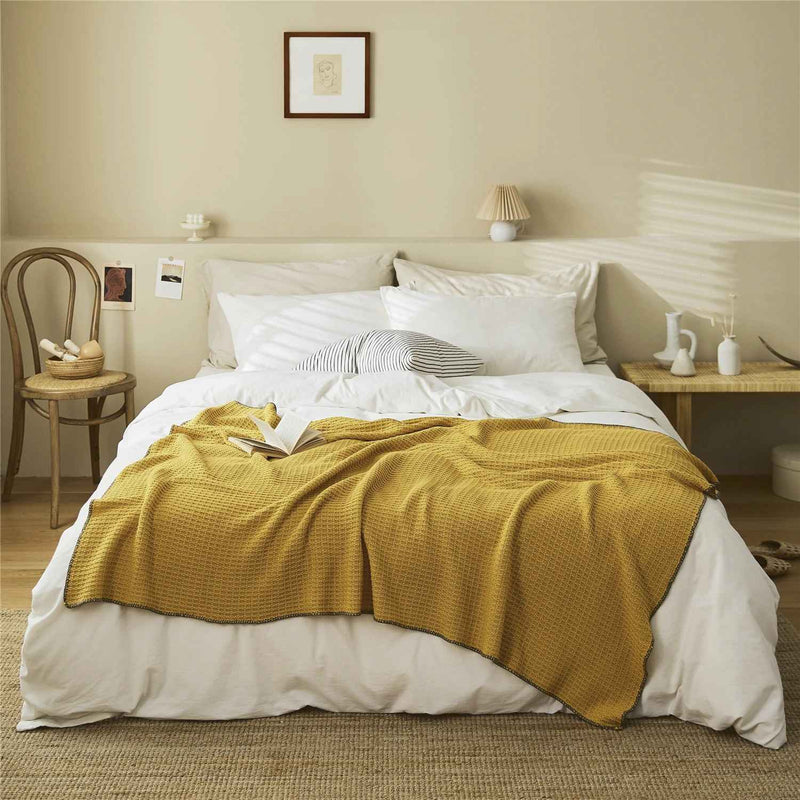 classic waffle plaid cotton knitted throw blanket, view 12 - MRSLM