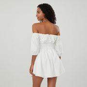 off-shoulder mini A-line dress with puff sleeves, view 5 - MRSLM