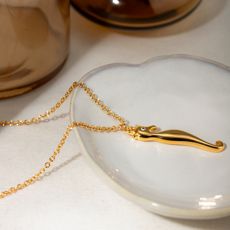gold seahorse rhinestone pendant necklace, view 6 - MRSLM