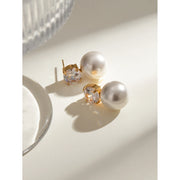 Gold plated vintage pearl and zircon earrings, view 3 - MRSLM