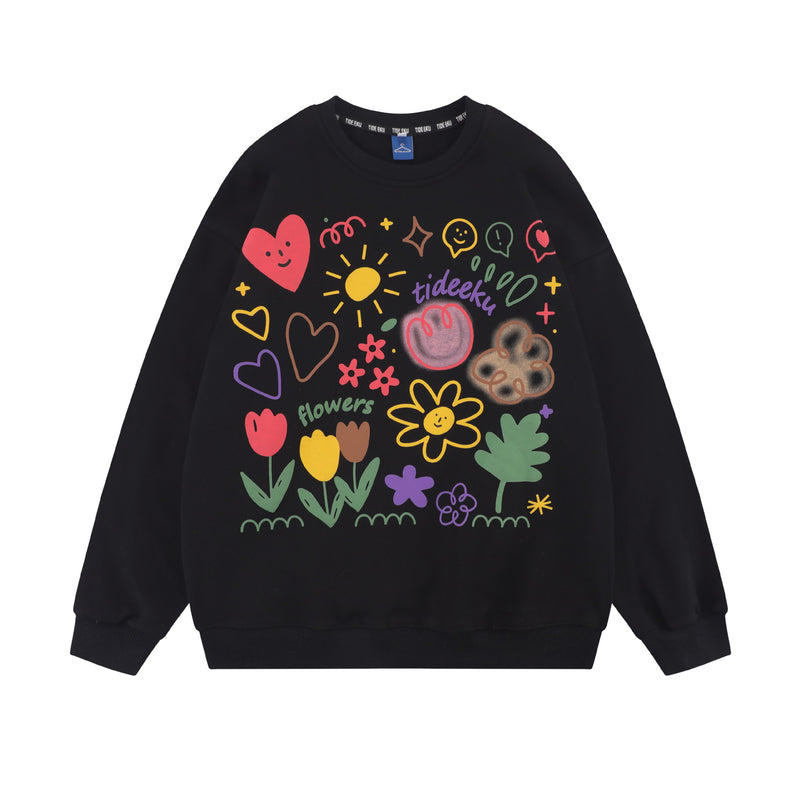 loose floral print cotton sweatshirt for couples, view 7 - MRSLM