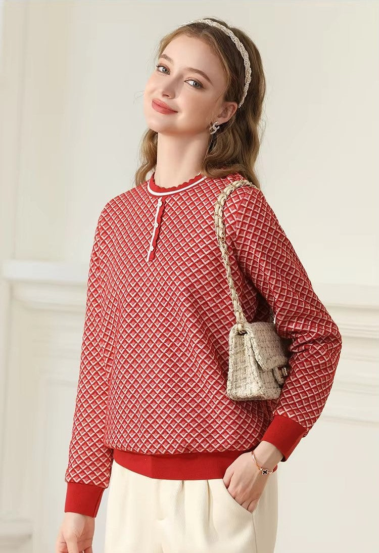 women's plaid knit ribbed sweatshirt, view 3 - MRSLM