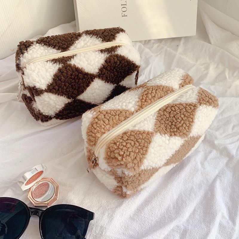 plush plaid barrel makeup bag, view 9 - MRSLM
