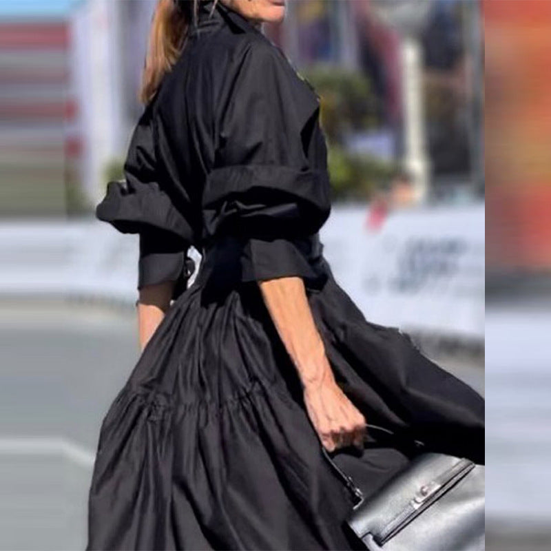 puff sleeve swing dress black, view 3 - MRSLM