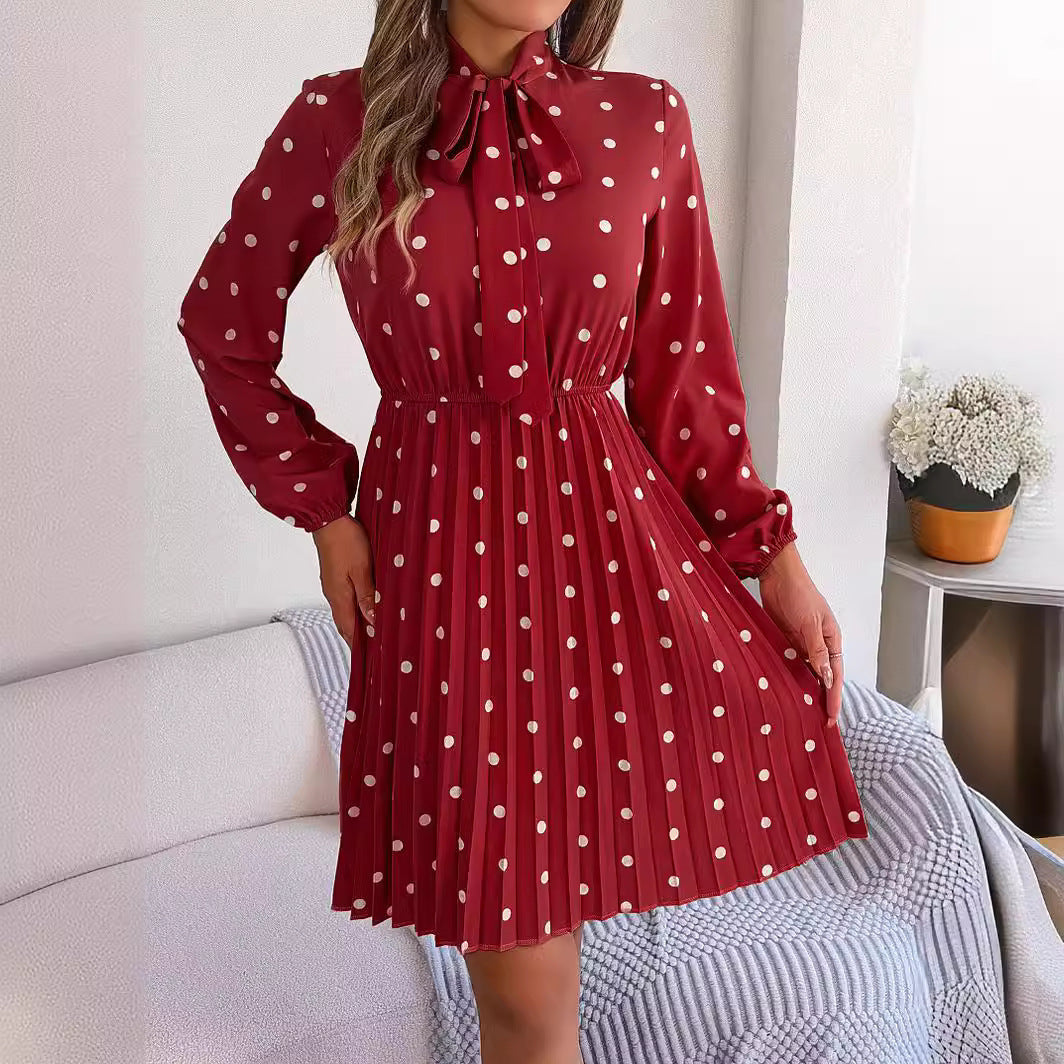 Women's Polka-dot Self-tie Waist-controlled Long Sleeves Pleated Dress