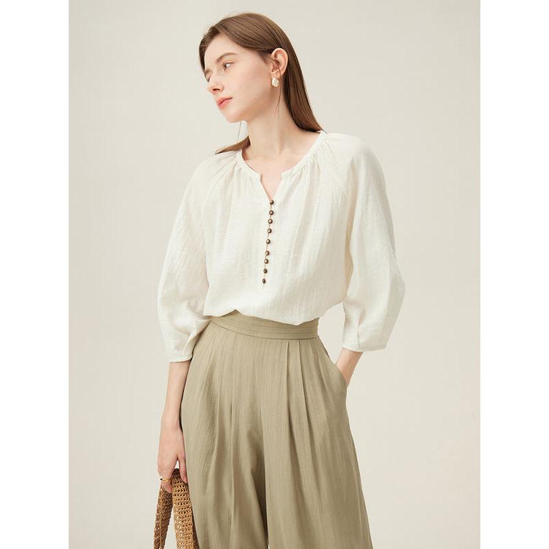 beige linen blend blouse, view 3 - MRSLM