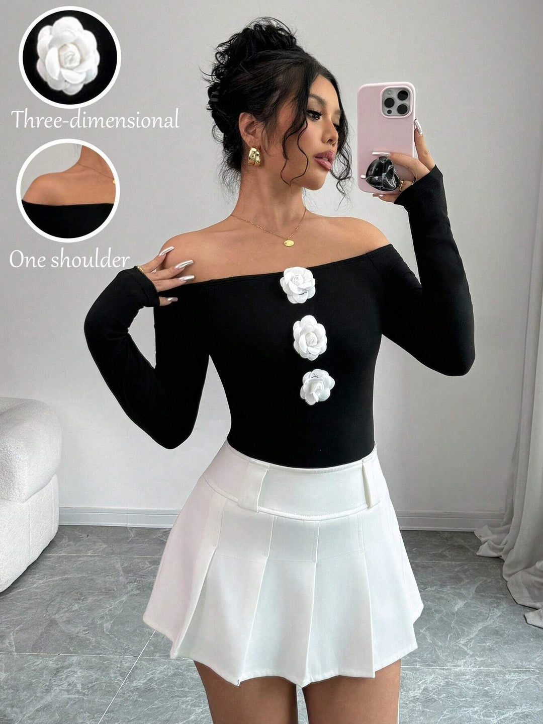 3D Floral Off-the-shoulder Off-neck Slim-fit Long-sleeved T-shirt
