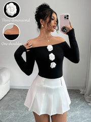 3D floral off-shoulder slim top, view 6 - MRSLM