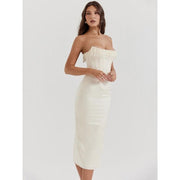 off-shoulder pearl tassel midi dress, view 6 - MRSLM