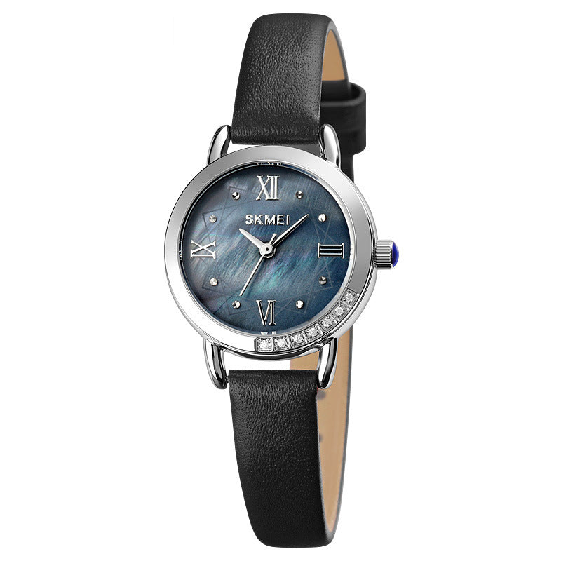small round leather strap ladies quartz watch, view 5 - MRSLM