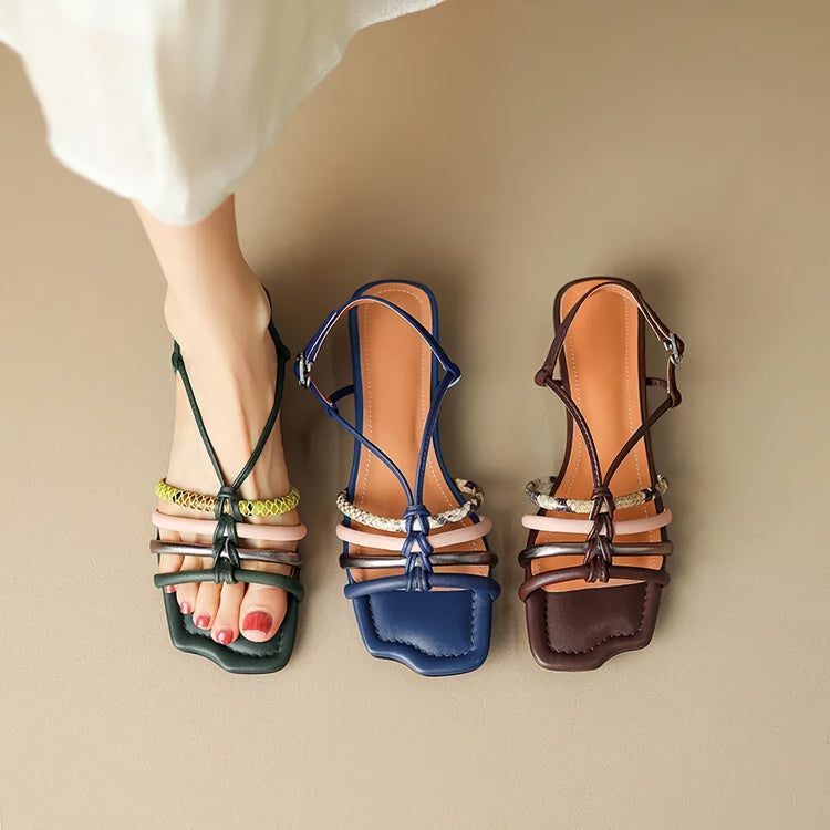 colorful buckle strap chunky heel sandals, view 10 - MRSLM
