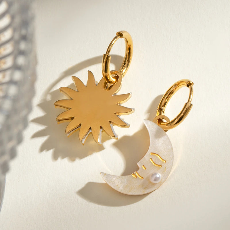 sun and moon shell pearl hoop earrings, view 6 - MRSLM