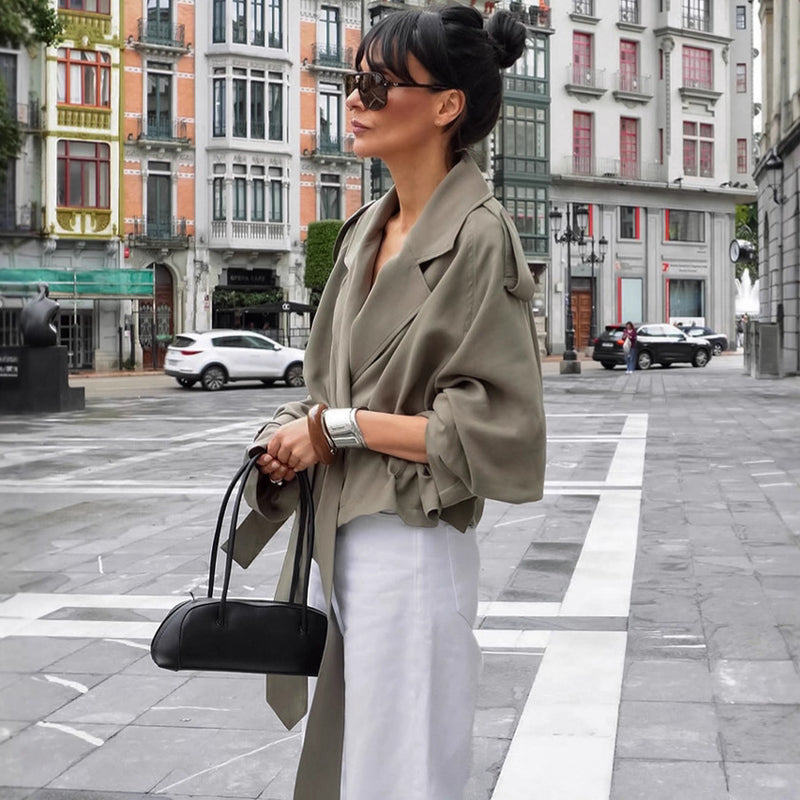 women's olive lapel lace-up trench coat, view 3 - MRSLM