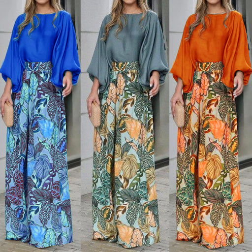 lantern sleeve printed top and wide leg pants set - MRSLM