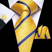 Yellow and blue striped silk necktie set, view 3 - MRSLM