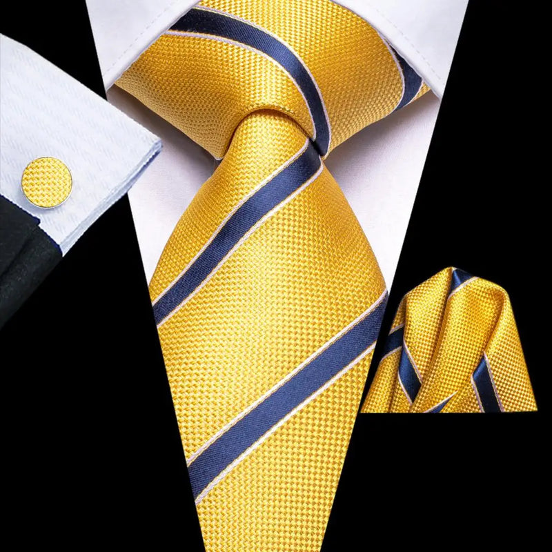 Yellow and blue striped silk necktie set, view 3 - MRSLM