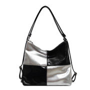 color contrast patchwork tote bag, view 6 - MRSLM