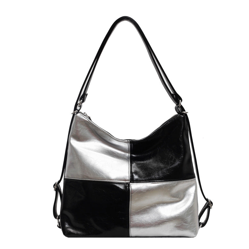 color contrast patchwork tote bag, view 6 - MRSLM