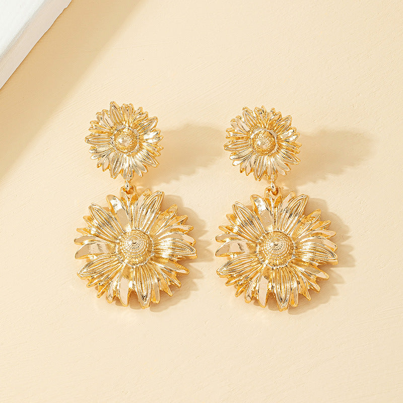 Golden chrysanthemum flower drop earrings, view 4 - MRSLM