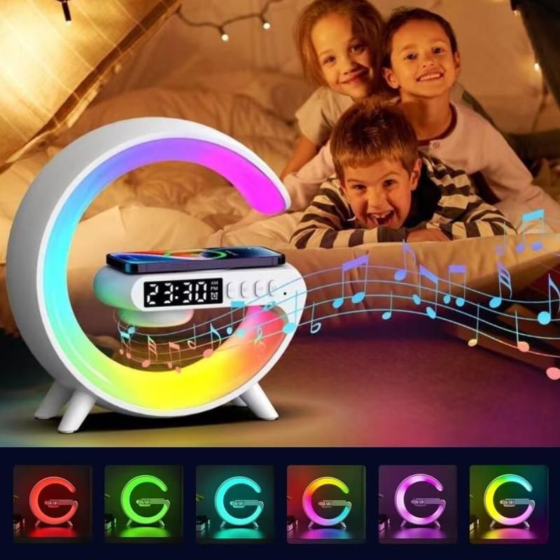speaker alarm clock lamp with wireless charger, view 3 - MRSLM