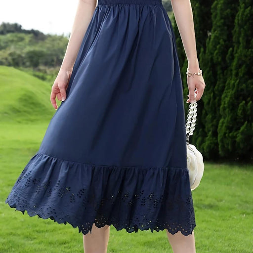 blue high waist A-line cotton lace skirt, view 2 - MRSLM