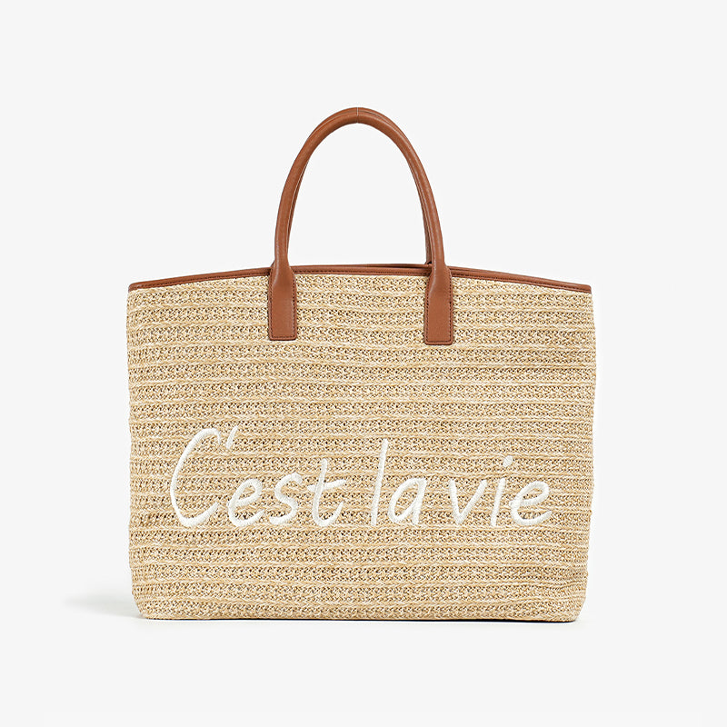 casual straw tote bag with letter decoration, view 5 - MRSLM