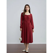 retro red long sleeve square neck dress, view 3 - MRSLM