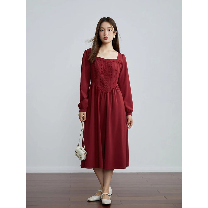 retro red long sleeve square neck dress, view 3 - MRSLM
