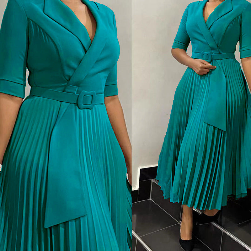 Women's tailored collar pleated waist dress, view 2 - MRSLM