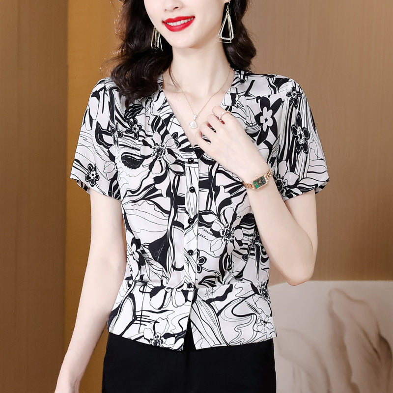 women's floral short sleeve v-neck shirt, view 4 - MRSLM