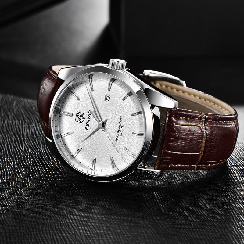men's leather band quartz watch, view 9 - MRSLM