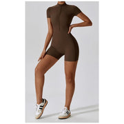 short sleeve zipper yoga bodysuit, view 7 - MRSLM