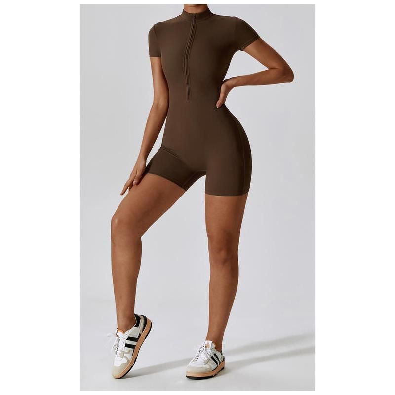 short sleeve zipper yoga bodysuit, view 7 - MRSLM