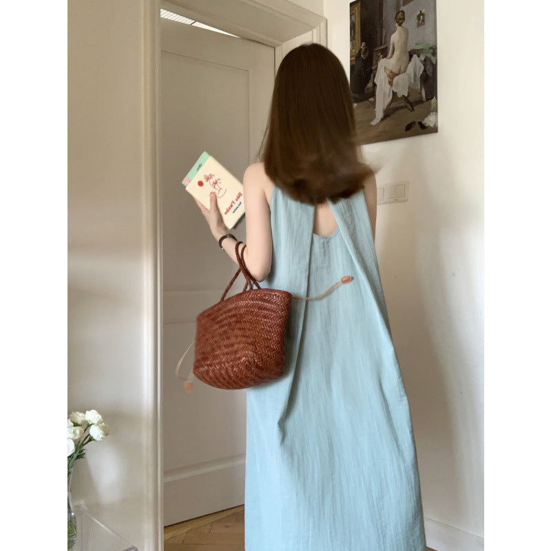 pea green halter long dress, view 3 - MRSLM