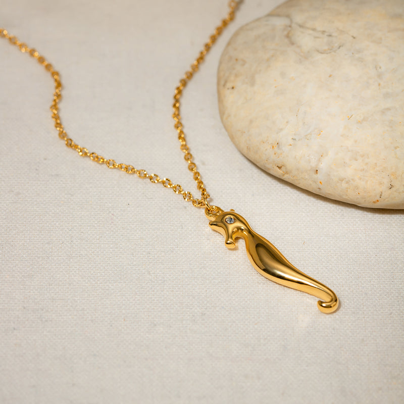 gold seahorse rhinestone pendant necklace, view 4 - MRSLM